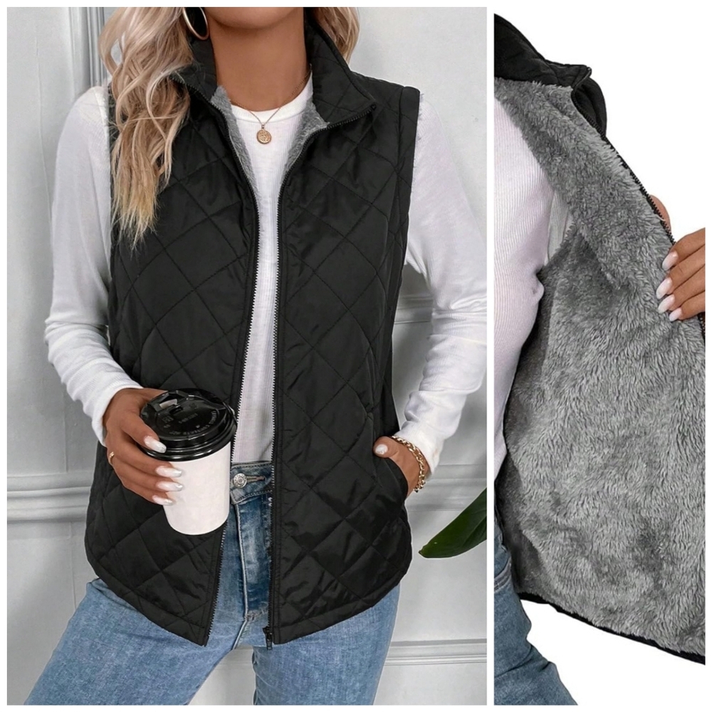 New Teddy Faux Fur Line Puffer Full Zip Vest Jacket Pocket Sleeveless Black Gray